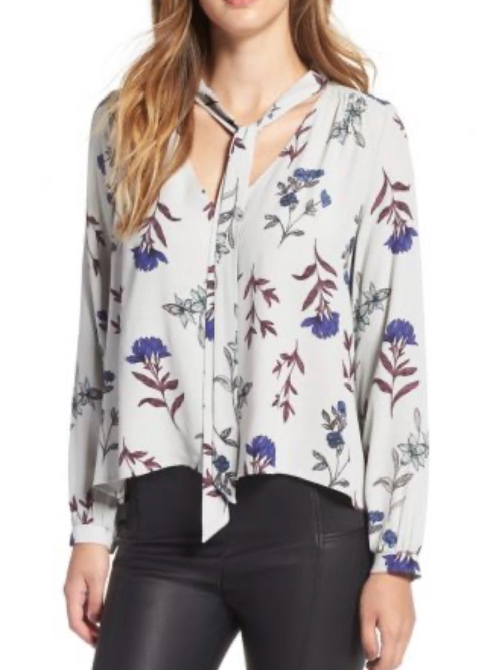 ASTR The Label XS Floral Blouse Gray Blue Burgundy Tie Front Viscose Boho